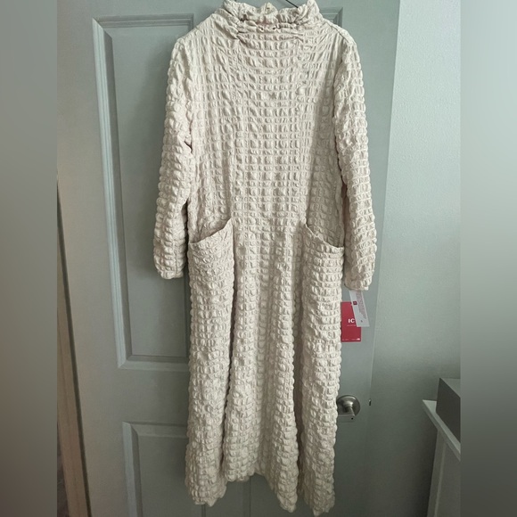 Sand Mock Neck W/ Shirring Front Slit Uneven Hem 3/4 Sleeve Maxi Dress - Picture 1 of 3